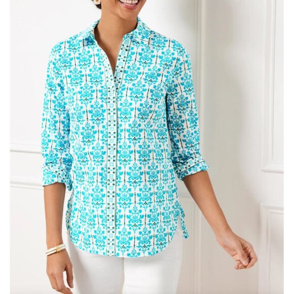 Talbots Womens Petite XL Modern Classic Button Down Shirt Damask Bouquet Blouse - Picture 12 of 12